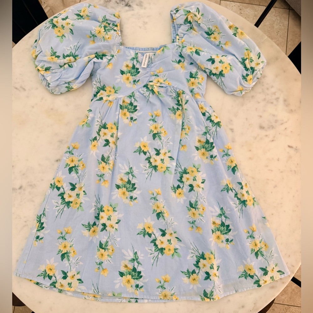 Janie and Jack Light Blue Floral Puff Sleeve Dress